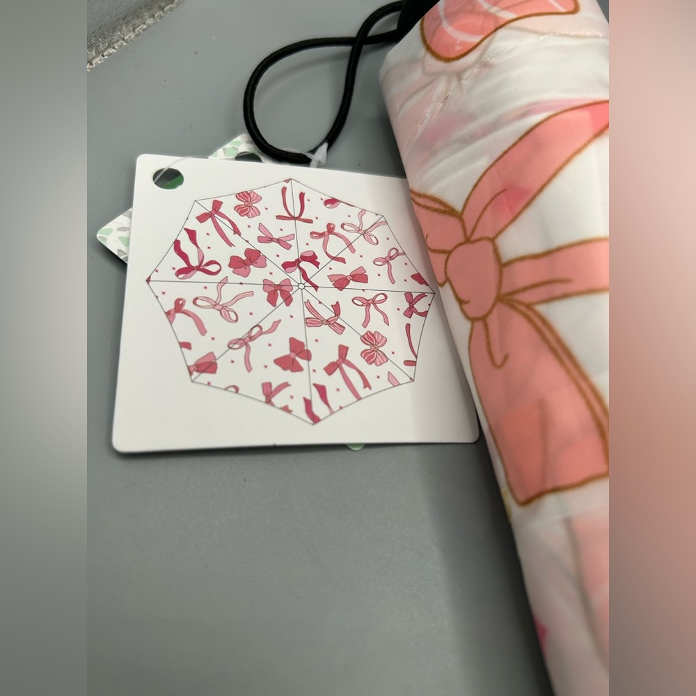 Pink Bow Compact Umbrella With Sleeve Coquette Shabby Chic NEW - Picture 2 of 7